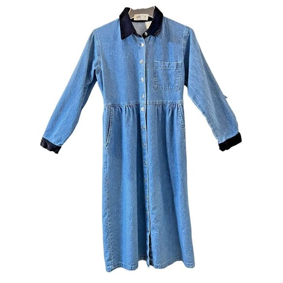 Elements Spiegel Dresses & Skirts - Vintage Elements Spiegel Blue Denim Dress Sz 2P Black Velvet Trim Cotton USA L/S